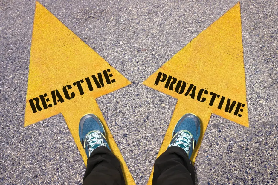 A pair of shoes standing on two arrows that read Reactive and Proactive.