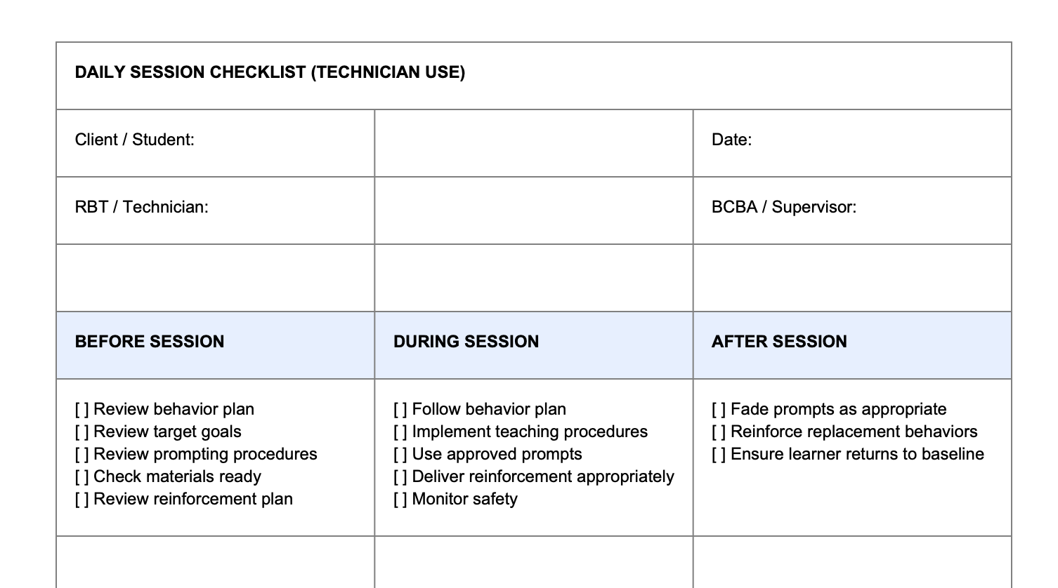 Daily Session Checklist